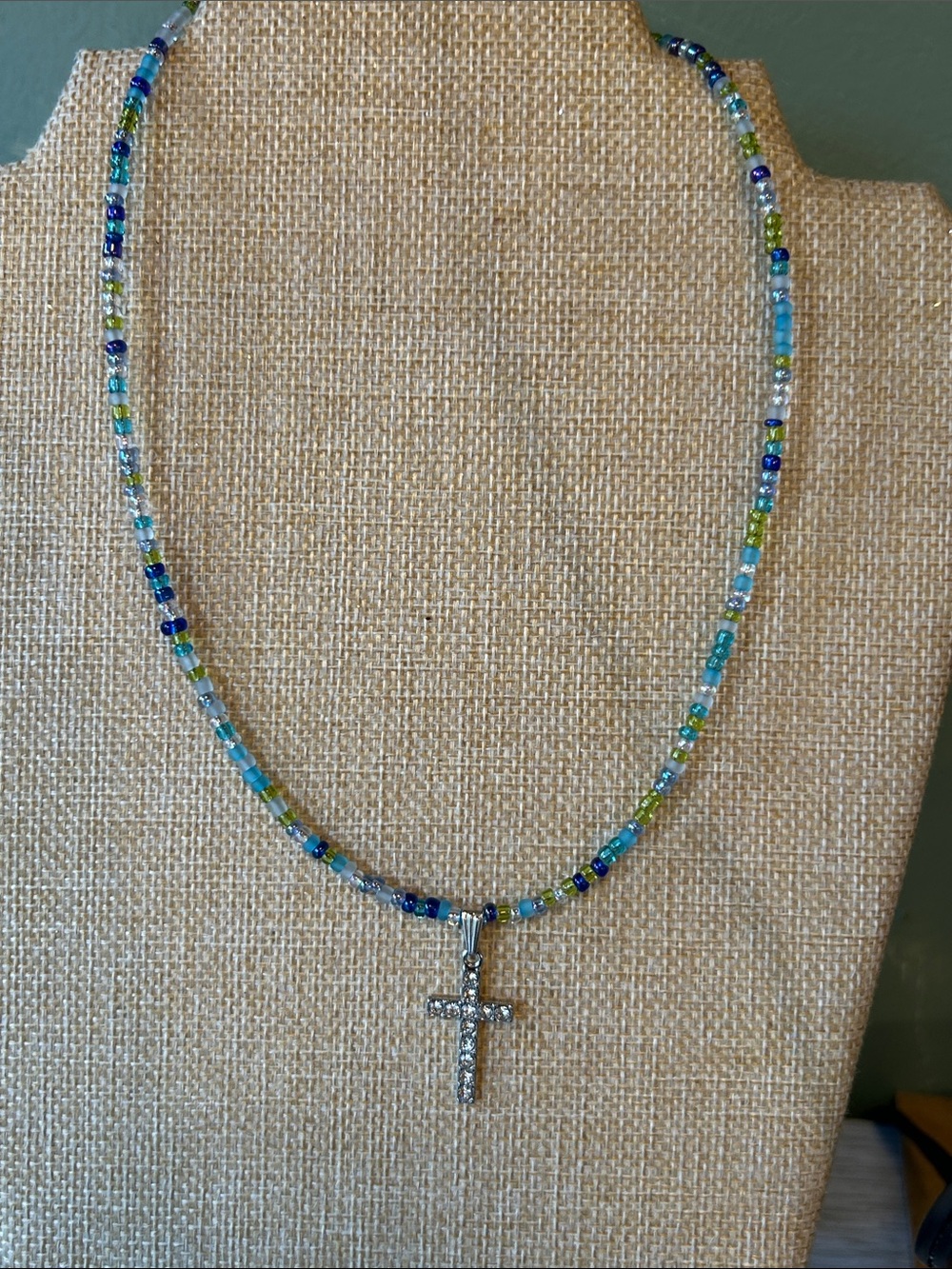 Beaded Cross Necklace - Blue & Green